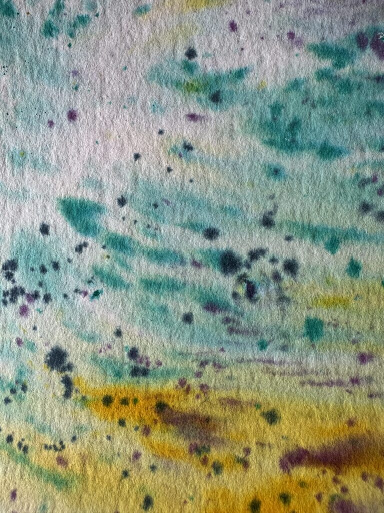 détail d'une aquarelle dans les tons bleus et jaunes